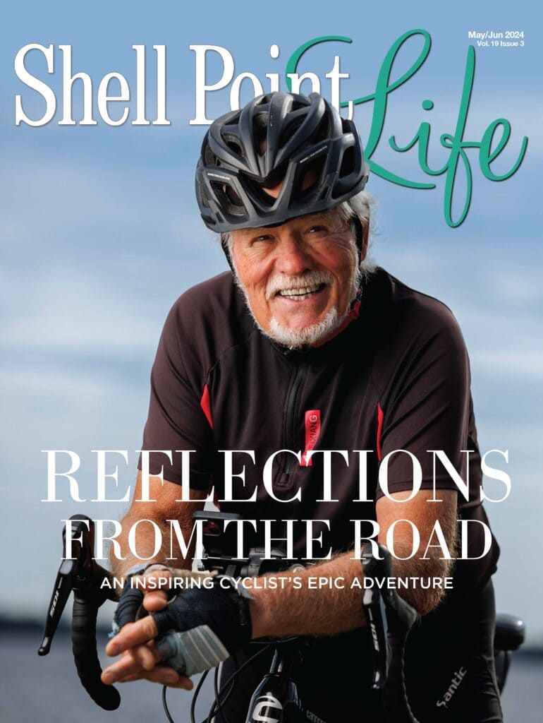 Magazine cover of Shell Point life covered a story of cyclist's epic adventure in Fort Myers, FL