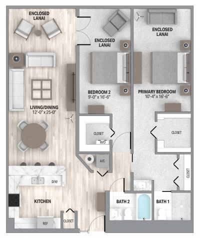 Amelia 2 Bedroom, 2 Bath Floorplan